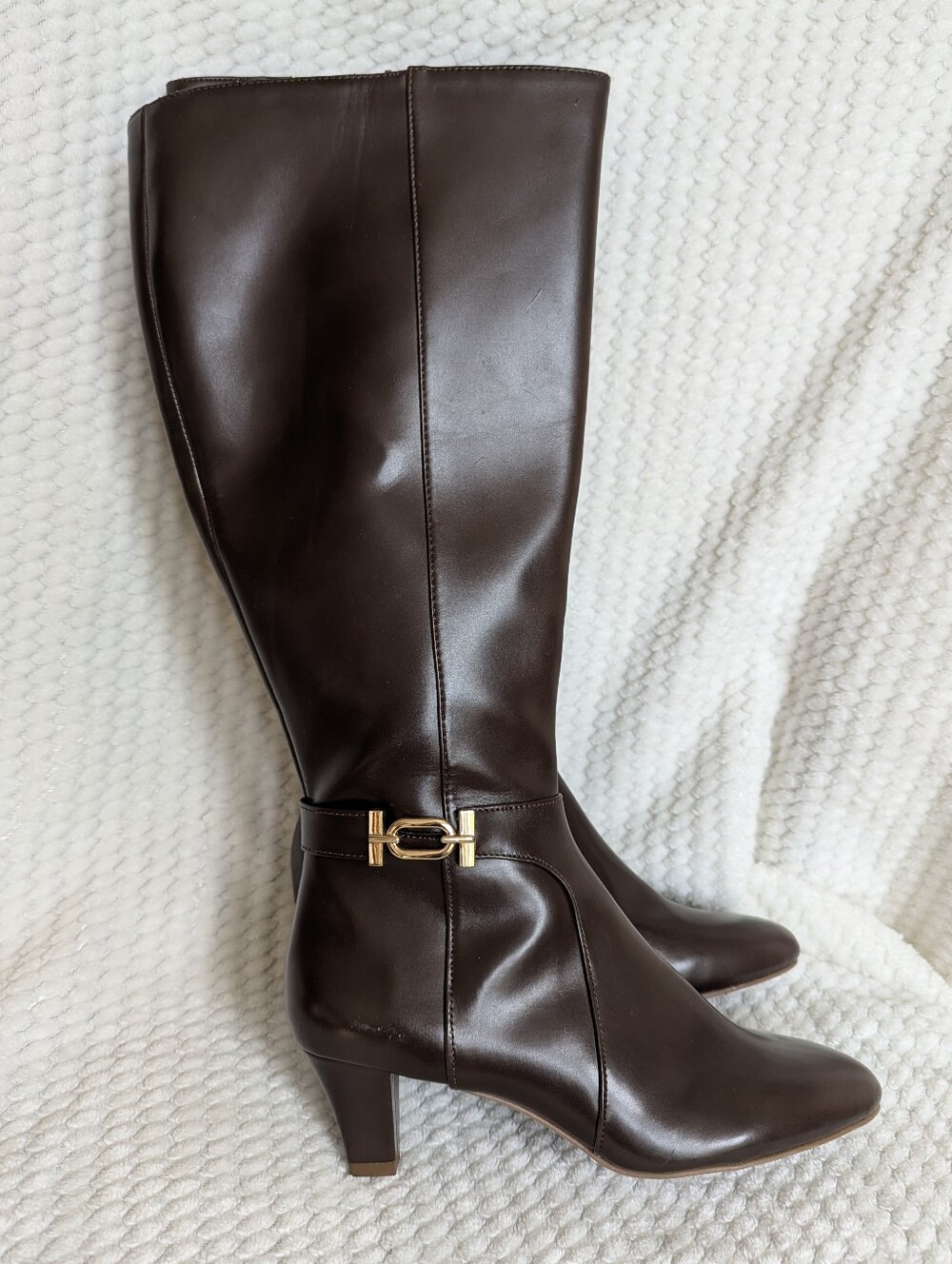 G.H. Bass Caroline Wide Calf Brown Leather Heeled Riding Boots W/Gold Buckle